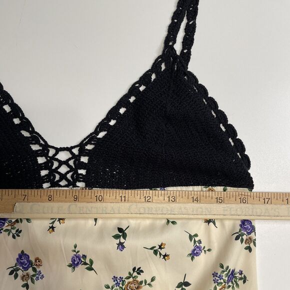 Zara Maxi Dress Satin Black Crochet Top Cream Lavender Floral Festival Large NWT - Picture 6 of 9